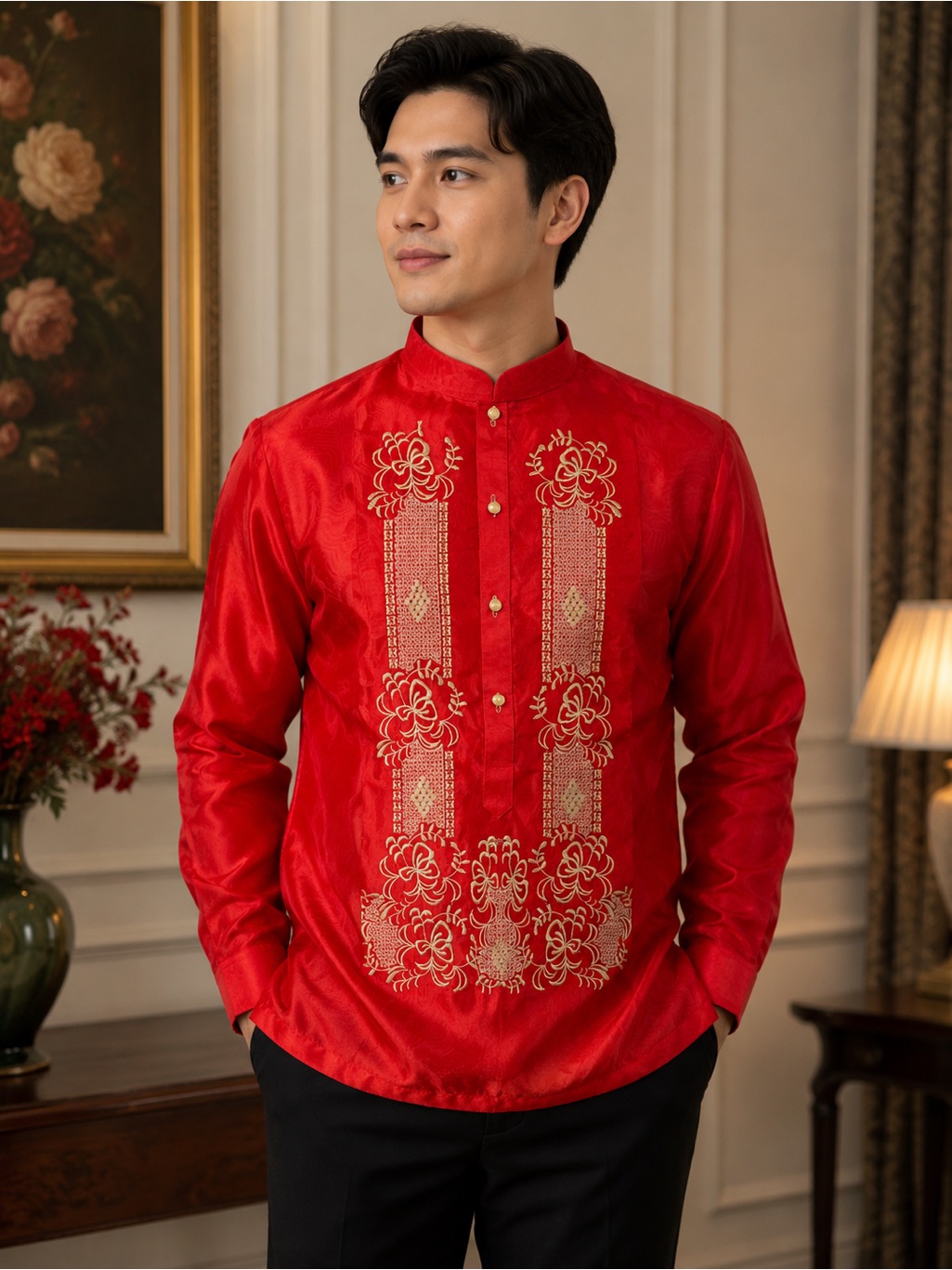 Filipino Barong Tagalog Embroidered Red Men's Barong-Style Shirt